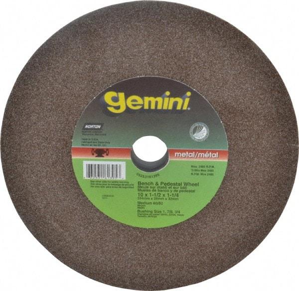 Norton - 60 Grit Aluminum Oxide Bench & Pedestal Grinding Wheel - 10" Diam x 1-1/4" Hole x 1-1/2" Thick, 2485 Max RPM, Medium Grade - Apex Tool & Supply