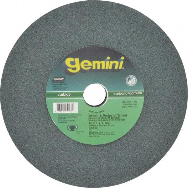 Norton - 80 Grit Silicon Carbide Bench & Pedestal Grinding Wheel - 10" Diam x 1-1/4" Hole x 1" Thick, 2485 Max RPM, Medium Grade - Apex Tool & Supply
