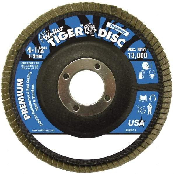 Weiler - 24 Grit, 4-1/2" Disc Diam, 7/8" Center Hole, Type 29 Zirconia Alumina Flap Disc - 13,000 Max RPM, Phenolic Backing, Quick Change Type S Attaching System, Coated - Apex Tool & Supply