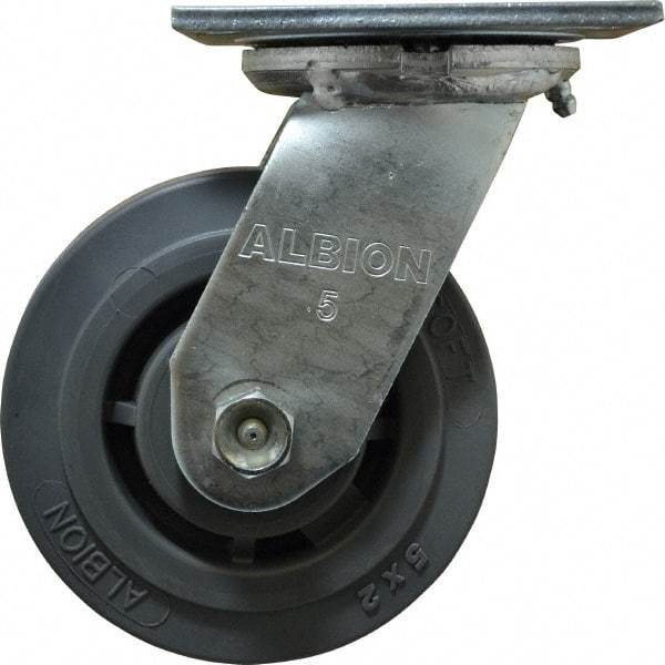 Albion - 5" Diam x 2" Wide x 6-1/2" OAH Top Plate Mount Swivel Caster - Soft Rubber, 350 Lb Capacity, Roller Bearing, 4 x 4-1/2" Plate - Apex Tool & Supply