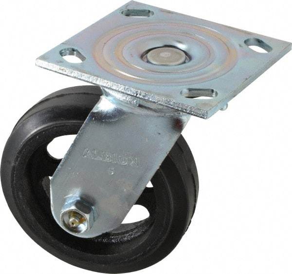 Albion - 5" Diam x 1-1/2" Wide x 6-1/2" OAH Top Plate Mount Swivel Caster - Rubber, 300 Lb Capacity, Roller Bearing, 4 x 4-1/2" Plate - Apex Tool & Supply