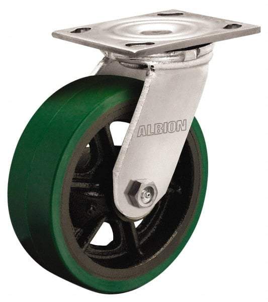 Albion - 6" Diam x 2" Wide x 7-1/4" OAH Top Plate Mount Swivel Caster - Polyurethane, 1,230 Lb Capacity, Roller Bearing, 4 x 4-1/2" Plate - Apex Tool & Supply