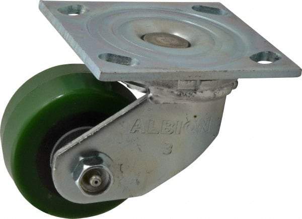 Albion - 3-1/4" Diam x 1-5/8" Wide x 4-1/4" OAH Top Plate Mount Swivel Caster - Polyurethane, 420 Lb Capacity, Roller Bearing, 4 x 4-1/2" Plate - Apex Tool & Supply