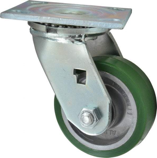Albion - 4" Diam x 1-1/2" Wide x 5-5/8" OAH Top Plate Mount Swivel Caster - Polyurethane, 600 Lb Capacity, Roller Bearing, 4 x 4-1/2" Plate - Apex Tool & Supply