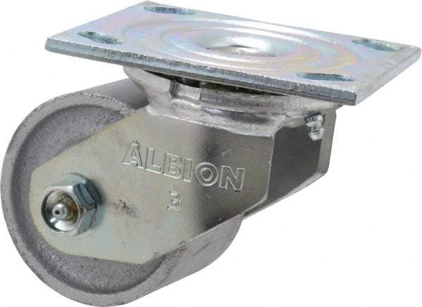 Albion - 3-1/4" Diam x 2-3/16" Wide x 4-1/4" OAH Top Plate Mount Swivel Caster - Cast Iron, 700 Lb Capacity, Roller Bearing, 4 x 4-1/2" Plate - Apex Tool & Supply