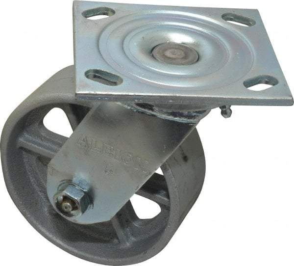 Albion - 5" Diam x 2" Wide x 6-1/2" OAH Top Plate Mount Swivel Caster - Cast Iron, 1,000 Lb Capacity, Roller Bearing, 4 x 4-1/2" Plate - Apex Tool & Supply