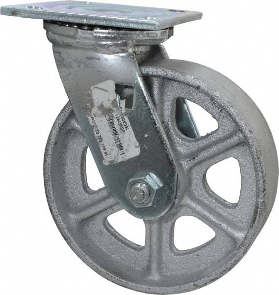 Albion - 6" Diam x 2" Wide x 7-1/4" OAH Top Plate Mount Swivel Caster - Cast Iron, 1,200 Lb Capacity, Roller Bearing, 4 x 4-1/2" Plate - Apex Tool & Supply