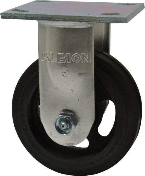 Albion - 5" Diam x 1-1/2" Wide x 6-1/2" OAH Top Plate Mount Rigid Caster - Rubber, 300 Lb Capacity, Roller Bearing, 4 x 4-1/2" Plate - Apex Tool & Supply