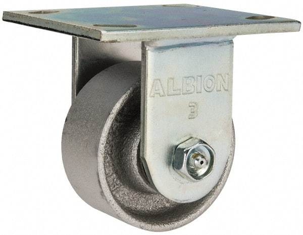 Albion - 3-1/4" Diam x 1-1/2" Wide x 4-1/4" OAH Top Plate Mount Rigid Caster - Cast Iron, 400 Lb Capacity, Roller Bearing, 4 x 4-1/2" Plate - Apex Tool & Supply