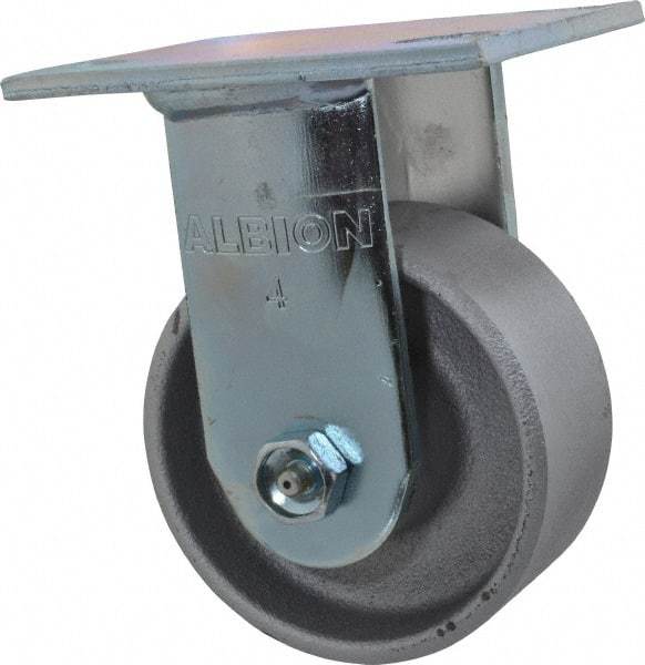 Albion - 4" Diam x 2" Wide x 5-5/8" OAH Top Plate Mount Rigid Caster - Cast Iron, 700 Lb Capacity, Roller Bearing, 4 x 4-1/2" Plate - Apex Tool & Supply