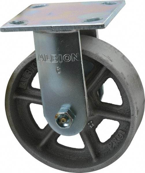 Albion - 6" Diam x 2" Wide x 7-1/4" OAH Top Plate Mount Rigid Caster - Cast Iron, 900 Lb Capacity, Roller Bearing, 4 x 4-1/2" Plate - Apex Tool & Supply