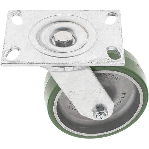 Albion - 6" Diam x 2" Wide x 7-1/2" OAH Top Plate Mount Swivel Caster - Polyurethane, 1,500 Lb Capacity, Roller Bearing, 4-1/2 x 6-1/4" Plate - Apex Tool & Supply