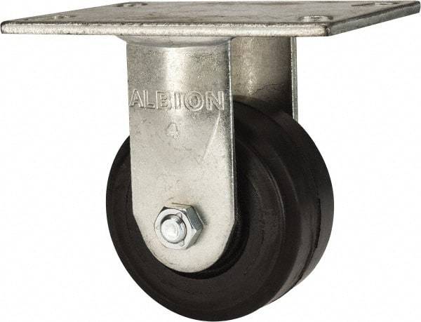 Albion - 4" Diam x 2" Wide x 5-5/8" OAH Top Plate Mount Rigid Caster - Rubber, 350 Lb Capacity, Roller Bearing, 4-1/2 x 6-1/4" Plate - Apex Tool & Supply