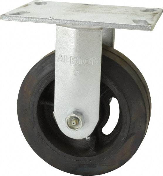 Albion - 6" Diam x 2" Wide x 7-1/2" OAH Top Plate Mount Rigid Caster - Rubber, 1,400 Lb Capacity, Roller Bearing, 4-1/2 x 6-1/4" Plate - Apex Tool & Supply