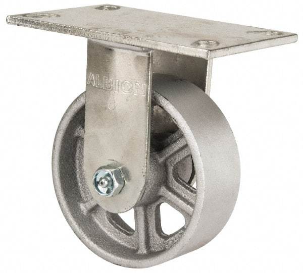 Albion - 5" Diam x 2" Wide x 6-1/2" OAH Top Plate Mount Rigid Caster - Cast Iron, 1,400 Lb Capacity, Roller Bearing, 4-1/2 x 6-1/4" Plate - Apex Tool & Supply