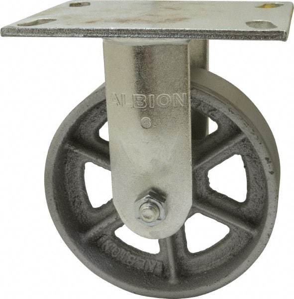 Albion - 6" Diam x 2" Wide x 7-1/2" OAH Top Plate Mount Rigid Caster - Cast Iron, 1,400 Lb Capacity, Roller Bearing, 4-1/2 x 6-1/4" Plate - Apex Tool & Supply