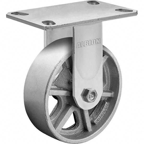 Albion - 8" Diam x 2" Wide x 10-1/8" OAH Top Plate Mount Rigid Caster - Cast Iron, 1,400 Lb Capacity, Roller Bearing, 4-1/2 x 6-1/4" Plate - Apex Tool & Supply