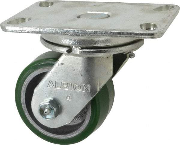 Albion - 4" Diam x 2" Wide x 5-5/8" OAH Top Plate Mount Swivel Caster - Polyurethane, 700 Lb Capacity, Roller Bearing, 4-1/2 x 6-1/4" Plate - Apex Tool & Supply