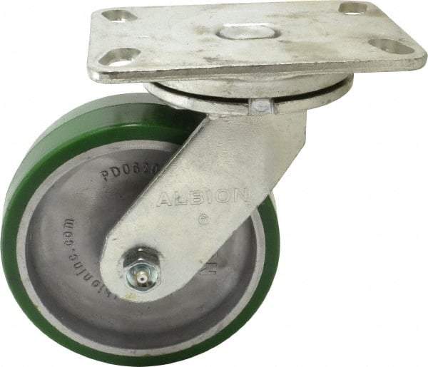 Albion - 6" Diam x 2" Wide x 7-1/2" OAH Top Plate Mount Swivel Caster - Polyurethane, 1,230 Lb Capacity, Roller Bearing, 4-1/2 x 6-1/4" Plate - Apex Tool & Supply