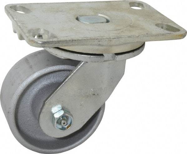 Albion - 4" Diam x 2" Wide x 5-5/8" OAH Top Plate Mount Swivel Caster - Cast Iron, 700 Lb Capacity, Roller Bearing, 4-1/2 x 6-1/4" Plate - Apex Tool & Supply