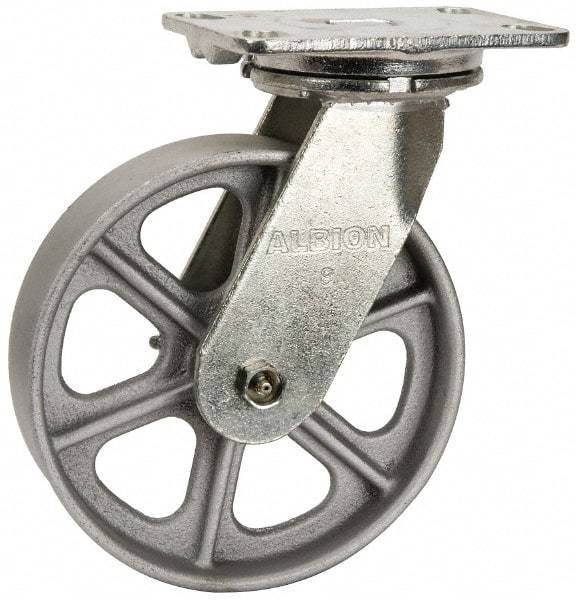 Albion - 8" Diam x 2" Wide x 10-1/8" OAH Top Plate Mount Swivel Caster - Cast Iron, 1,400 Lb Capacity, Roller Bearing, 4-1/2 x 6-1/4" Plate - Apex Tool & Supply