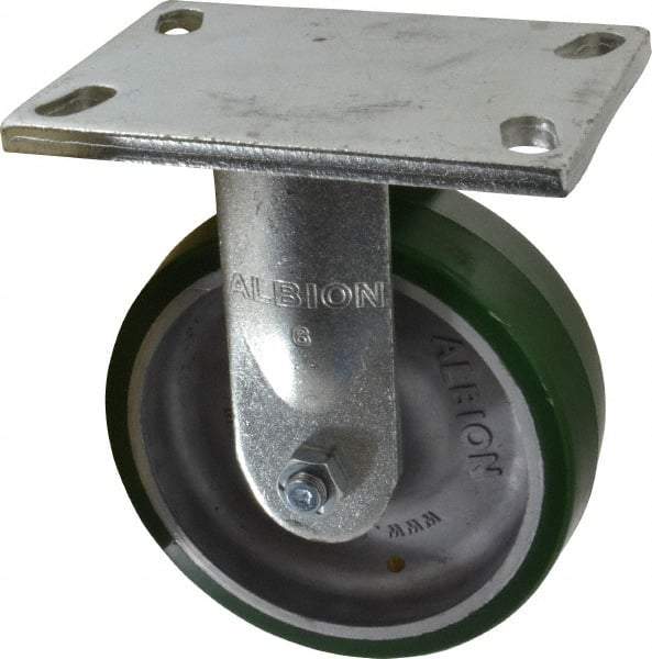 Albion - 6" Diam x 2" Wide x 7-1/2" OAH Top Plate Mount Rigid Caster - Polyurethane, 1,230 Lb Capacity, Roller Bearing, 5 x 6-1/4" Plate - Apex Tool & Supply