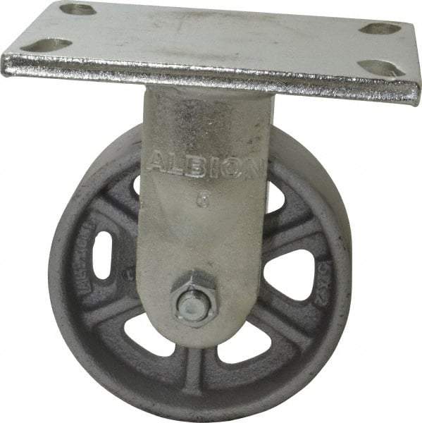 Albion - 5" Diam x 2" Wide x 6-1/2" OAH Top Plate Mount Rigid Caster - Cast Iron, 1,000 Lb Capacity, Roller Bearing, 5 x 6-1/4" Plate - Apex Tool & Supply
