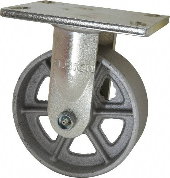 Albion - 6" Diam x 2" Wide x 7-1/2" OAH Top Plate Mount Rigid Caster - Cast Iron, 1,200 Lb Capacity, Roller Bearing, 5 x 6-1/4" Plate - Apex Tool & Supply