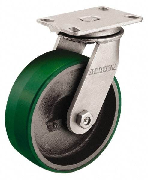 Albion - 12" Diam x 2-1/2" Wide x 13-1/2" OAH Top Plate Mount Swivel Caster - Polyurethane, 2,000 Lb Capacity, Roller Bearing, 4-1/2 x 6-1/4" Plate - Apex Tool & Supply