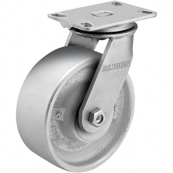 Albion - 8" Diam x 3" Wide x 10-1/8" OAH Top Plate Mount Rigid Caster - Cast Iron, 2,000 Lb Capacity, Roller Bearing, 5 x 6-1/4" Plate - Apex Tool & Supply