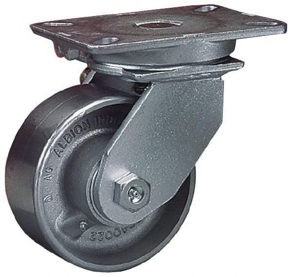 Albion - 8" Diam x 3" Wide x 10-1/2" OAH Top Plate Mount Swivel Caster - Forged Steel, 3,500 Lb Capacity, Roller Bearing, 5-1/4 x 7-1/4" Plate - Apex Tool & Supply