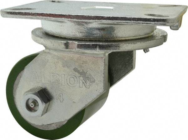 Albion - 4" Diam x 3-1/4" Wide x 6" OAH Top Plate Mount Swivel Caster - Polyurethane, 1,200 Lb Capacity, Roller Bearing, 5-1/4 x 7-1/4" Plate - Apex Tool & Supply