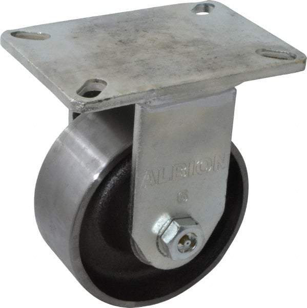 Albion - 6" Diam x 2-1/2" Wide x 8" OAH Top Plate Mount Rigid Caster - Forged Steel, 3,500 Lb Capacity, Roller Bearing, 5 x 7-1/4" Plate - Apex Tool & Supply