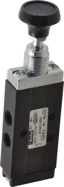 Parker - 0.20 CV Rate, 1/8" NPT Inlet Direct Air 2 Mechanical Spool Valve - 4 Way, 2 Position, 150 Max psi, Button Spring Return - Apex Tool & Supply