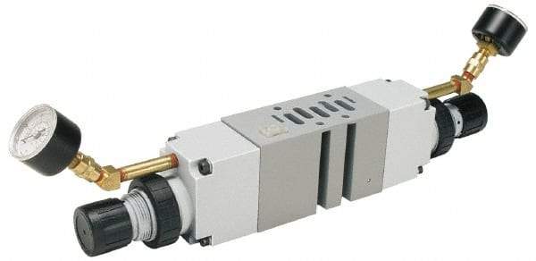 Parker - Zinc Sandwich/Manifold Regulator - 5 to 125 psi Range, 125 Max psi Supply Pressure, 1/4" Gauge Port Thread, 4-1/2" Wide x 10" High - Apex Tool & Supply