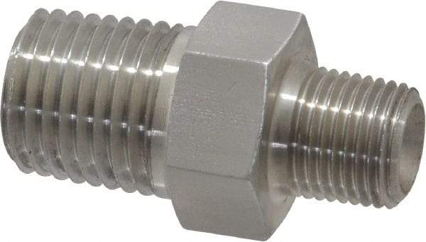 Made in USA - 1/4 x 1/8" Grade 316 Stainless Steel Pipe Hex Nipple - MNPTF x MNPTF End Connections - Apex Tool & Supply