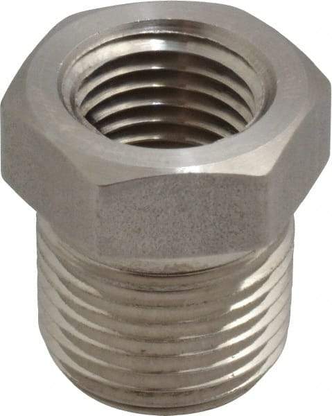 Made in USA - 3/8 x 1/4" Grade 316 Stainless Steel Pipe Hex Bushing - MNPTF x FNPTF End Connections - Apex Tool & Supply