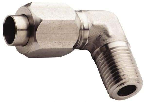 Made in USA - 1" Tube OD, 37° Stainless Steel Flared Tube Male Elbow - 3/4-14 NPTF, Flare x MNPTF Ends - Apex Tool & Supply