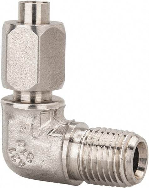 Made in USA - 1/4" Tube OD, 37° Stainless Steel Flared Tube Male Elbow - 1/4-18 NPTF, Flare x MNPTF Ends - Apex Tool & Supply
