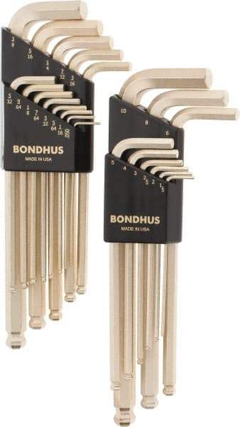 Bondhus - 22 Piece L-Key Ball End Hex Key Set - Hex Range 0.05 to 3/8", Steel - Apex Tool & Supply