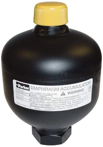 Parker - 5 Lb. Capacity, 3,620 psi Max Working Pressure, 4.35" High, Hydrin Diaphragm Accumulator - 2.52" Diam, 6 SAE Port Thread - Apex Tool & Supply