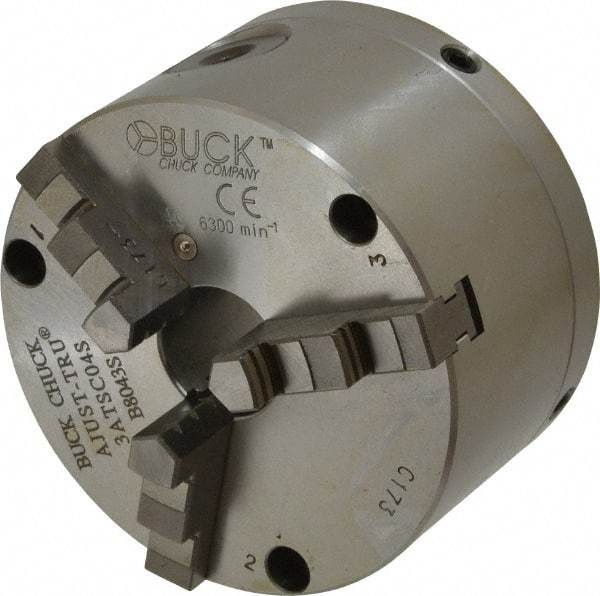 Buck Chuck Company - 3 Jaws, 4" Diam, Self Centering Manual Lathe Chuck - Front Mount, Adjustable, 6,300 Max RPM, 1.04" Through Hole Diam, Forged Steel - Apex Tool & Supply