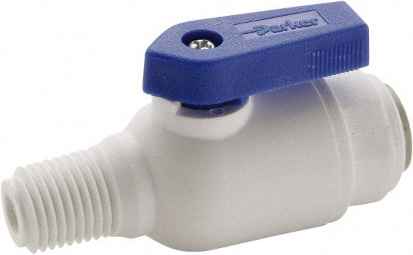 Parker - 1/4" Pipe, Full Port, Polypropylene Valve Male Connector Ball Valve - Bi-Directional, MNPT x Push-to-Connect Ends, Wedge Handle, 150 WOG - Apex Tool & Supply