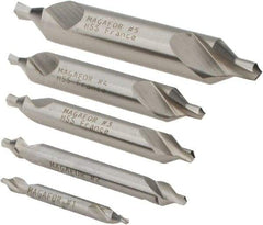 Magafor - 5 Piece, #1 to 5, 1/8 to 7/16" Body Diam, 3/64 to 3/16" Point Diam, Plain Edge, High Speed Steel Combo Drill & Countersink Set - 60° Incl Angle, 0.067 to 0.256" Point Length, 1/8 to 2-3/4" OAL, Double End, 115 Series Compatibility - Apex Tool & Supply