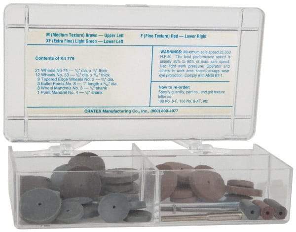 Cratex - 49 Piece Rubberized Small Wheel & Abrasive Point Set - Includes 4 Mandrels, 3 Points & 42 Wheels - Apex Tool & Supply