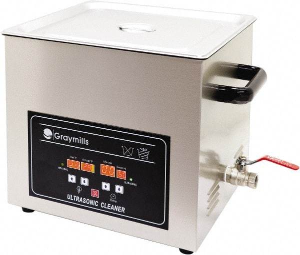 Graymills - Bench Top Water-Based Ultrasonic Cleaner - 0.8 Gal Max Operating Capacity, 304 Stainless Steel Tank, 234.95mm High x 10-1/2" Long x 6-1/2" Wide, 120 Input Volts - Apex Tool & Supply