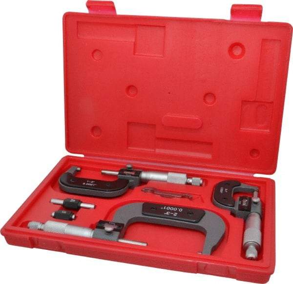 Value Collection - 0 to 3" Range, 3 Piece Mechanical Outside Micrometer Set - 0.0001" Graduation, 0.000160, 0.000200 Accuracy, Ratchet Stop Thimble - Apex Tool & Supply