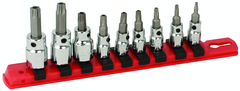 1/4" Drive: T10s; T15s; T20s; T27s; T30s and 3/8" T40s (1/4" Bit) and 3/8" T45s; T50s (5/16" Bit) on rail - Square Drive Replaceable Bit - Security Torx Bit Socket Set - Apex Tool & Supply