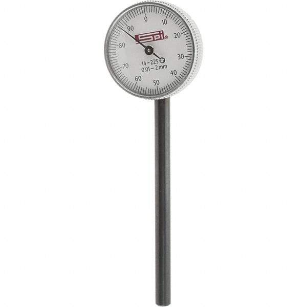 SPI - 2mm Range, 0-100 Dial Reading, 0.001" Graduation Dial Drop Indicator - 1.55" Dial, 2mm Range per Revolution, Includes NPL Traceability Certification - Apex Tool & Supply
