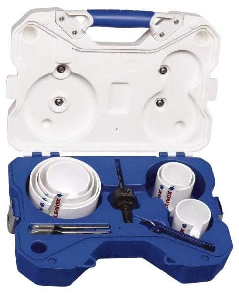 Lenox - 11 Piece, 2-1/8" to 4-5/8" Saw Diam, Hard Wood Hole Saw Kit - High Speed Steel, Toothed Edge, Includes 7 Hole Saws - Apex Tool & Supply